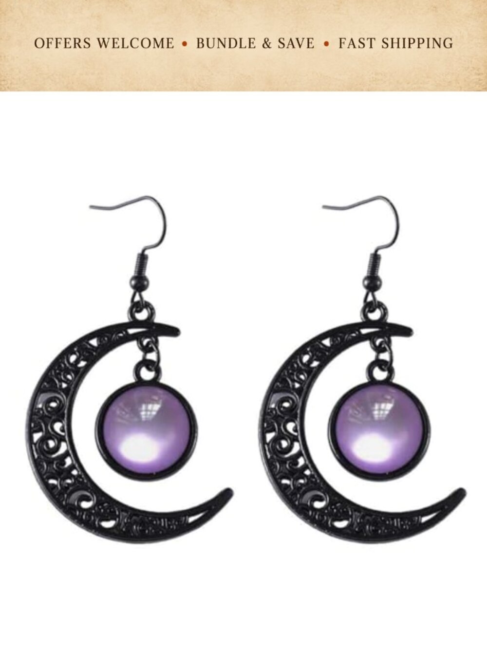 Gothic Victorian Crescent Moon Dangle Earrings Crystal Glass Sphere French Hook